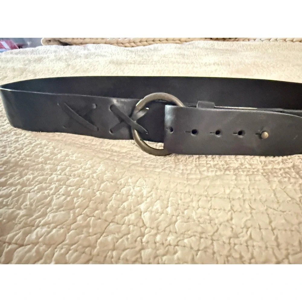 Sundance Black Genuine Leather Belt Medium O Ring Buckle Lace Stitch Boho